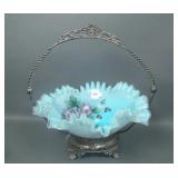 Fenton Blue Decorated Brides Basket & SP Frame
