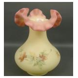 Fenton Burmese Leaf Decorated Ruffled Vase
