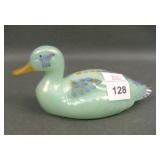 Fenton Iridised Green Opaque Decorated Duck Figure