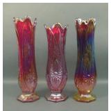 3 Indiana Glass Red/Carnival Glass Heirloom Vases