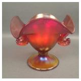 Fenton Red Stretch Dbl Dolpin Ruffled Compote