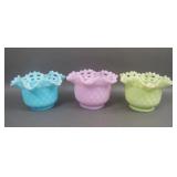 Three Fenton Satin Open Edge Ruffled Baskets