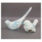 Two Fenton Blue Satin Rose Decorated Birds