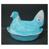 Fenton Blue Slag Hen on Nest Caovered Candy