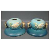 2 Blue Roseville Apple Blossom Candle Holders