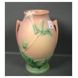 Roseville Pink/ Green Thrn Apple Handled Vase