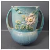 Roseville Pottery Blue White Rose Handled Vase