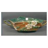 Roseville Green White Rose Handled Console Bowl