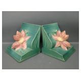 Two Roseville Pottery Green Clematis Bookends