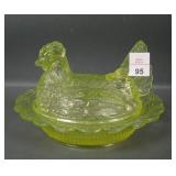 Mosser Glass Vaseline Hen on Nest Candy Dish
