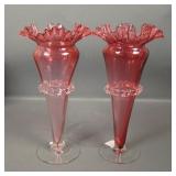 Two Victorian Cranberry Glass Ftd Vases
