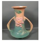 Roseville Pink/ Green Waterlily Handled Vase