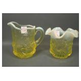 Mosser Vaseline Opal Cherry Wreath Creamer & Sugar
