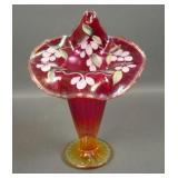 Fenton Red Stretch JIP Thin Rib Decorated Vase