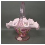 Fenton Pink Chiffon Opal Ribbed Decorated Basket