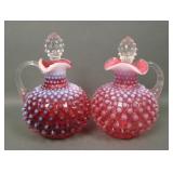 2 Fenton Cranberry Opal Hobnail Cruets & Stoppers