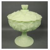Fenton Green Satin Water Lily Covered Compote