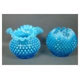 Two Vintage Fenton Blue Opal Hobnail Vases