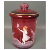 Victorian Cranberry Mary Gregory Covered Jar