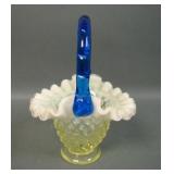Fenton Topaz Opal Hobnail Basket W/ Cobalt Handle