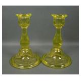 Mosser? Pair of Vaseline Candlesticks