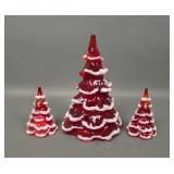 Three Fenton Red Flocked Xmas Tree set