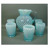 Fenton Blue Opal Iridised Hobnail 6 Pc Water Set