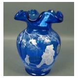 Fenton Blue Mary Gregory Ruffled Vase