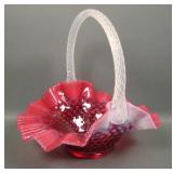 Fenton Cranberry Opal Hobnail Handled Basket