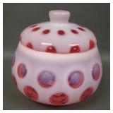 Fenton Cranberry Opal Coin Dot. # 1522 Covered Jar