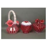 Lot of Three Fenton Cranberry Opal Glass Items