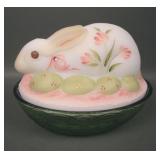 Fenton Decorated Bunny on Nest Covered Candy Dish