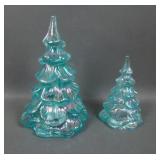 Two Fenton Glass Aqua Iridised Xmas Tress