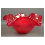 Dave Fetty Red Stretch Art Glass Ruffled Bowl