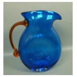 Marked Blenko MCM Blue Pitcher with Amber Handle
