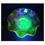 Denton Vaseline Dragon & Lotus Ruffled Bowl