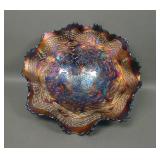 Fenton Blue Two Flowers Lg Ftd Ruffled Bowl