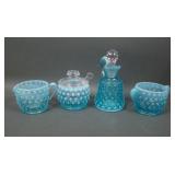 Four Piece Fenton Blue Opal Hobnail Condiment Set