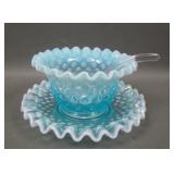 Vintage Fenton Blue Opal Hobnail Condiment Set