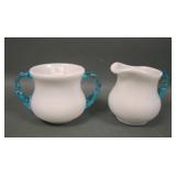 Vintage Aqua CrestMilk Glass Creamer and Sugar