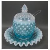 Vintage Fenton Blue Opal Hobnail Condiment Set