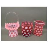 Three fenton Cranberry Opal Coin Dot Items