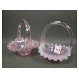 Two Fenton Pink Opal Iridised Minature Baskets