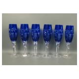 6 AJKA Czech Cobalt Cut to Clear Champagne Flutes