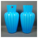 Two Fenton Rib Optic Blue Overlay Vases