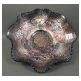 Fenton Blue Two Flowers Large Ftd Ruffled Bowl