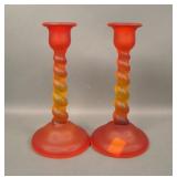 2 Tiffin Satin Amberina Twist 8 1/2" Candlesticks