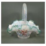 Fenton Iridised French Opal Green Crest Basket