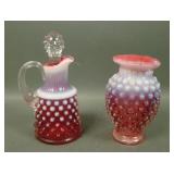Two Vintage Fenton Cranberry Opal Hobnail  Items