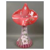 Fenton Cranberry Opal Ribbed Optic Decorated Vase